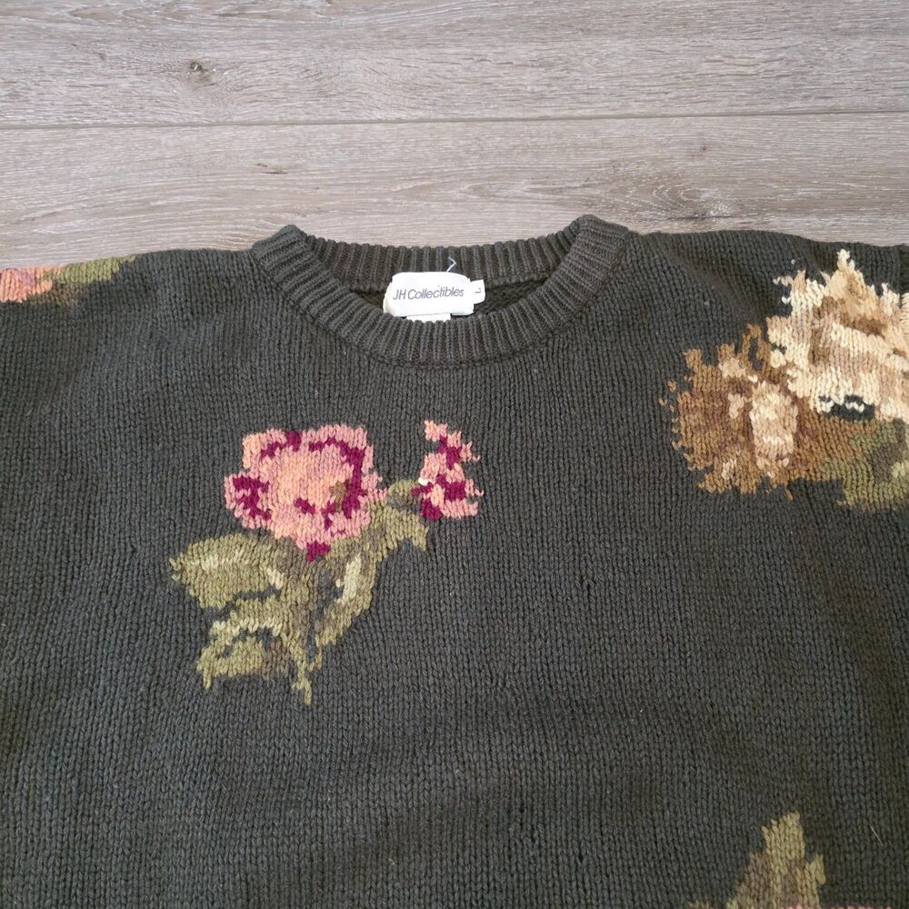 Vintage JH Collectibles Lambswool Green Floral Pullover Sweater Womens Size L - Picture 3 of 5